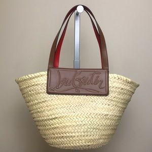 Christian Louboutin Loubishore Logo Raffia Tote with Leather Detail, Natural